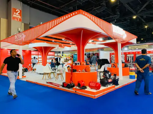 Red and white 84 sqm exhibition stall designed for Techno Industrial Products at TAEE Expo 2026, New Delhi.